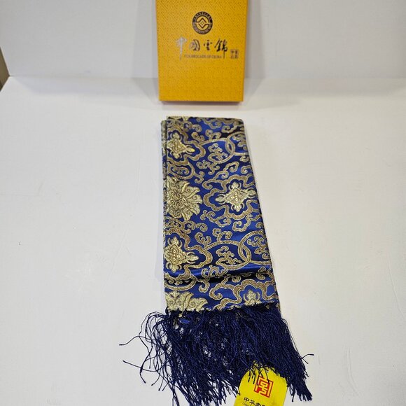 Exquisite Yung Silk Brocade Cobalt Blue And Gold Scarf With Silk Fringe - Picture 5 of 8